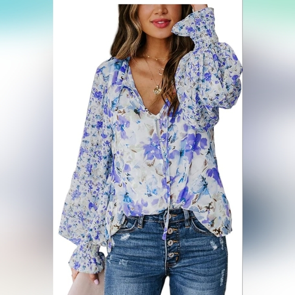 Women's Floral Print V Neck Tie Front Blouse in White Multi sz small - Picture 1 of 7